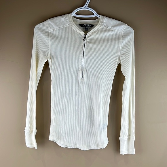 Petite  Lauren Ralph Lauren White Ribbed Top with 1/4 Zipper - Picture 4 of 14
